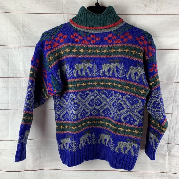 Eddie Bauer Sweater Pullover Vintage Wool turtleneck Deer Animals Geometric Aran - Picture 8 of 16